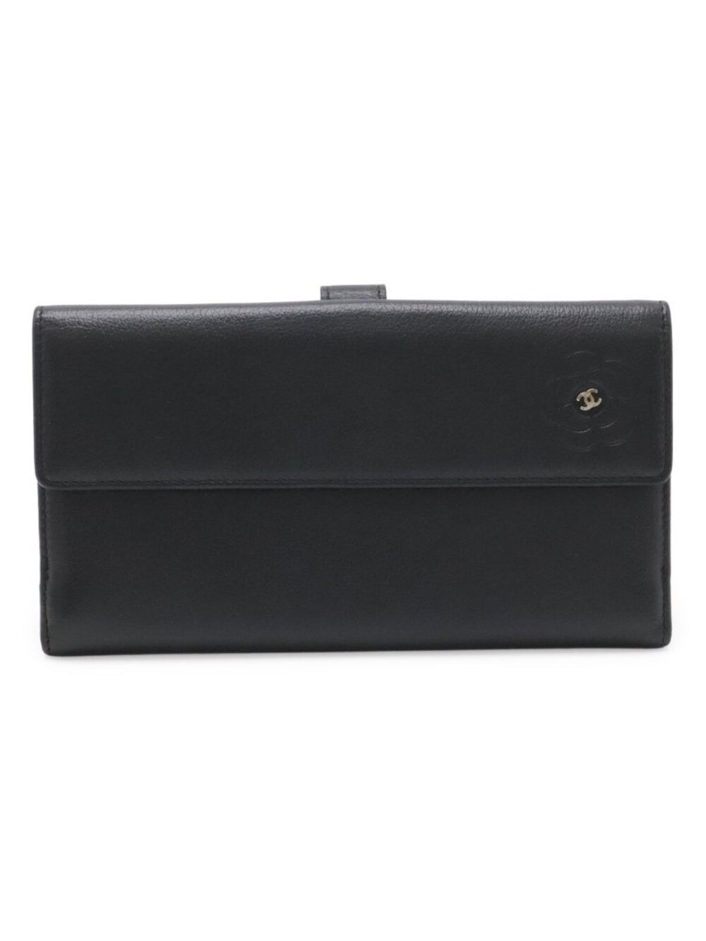 Chanel Camellia Snap Double Wallet Leather Black Silver